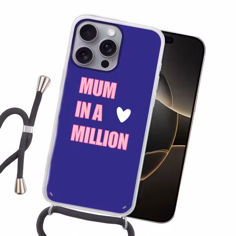 Moeder - Tekst - Blauw - Hartje Hoesje iPhone 16 Pro Max met koord klein -sfeer1