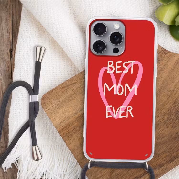 Moeder - Quote - Hartje - Rood Hoesje iPhone 16 Pro Max met koord klein -sfeer4