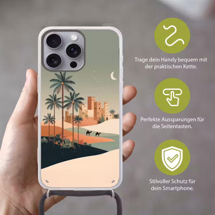 Nachtlandschap - Kamelen - Sterren - zandduinden Hoesje iPhone 16 Pro Max met koord klein -sfeer2_DE