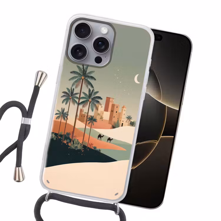 Nachtlandschap - Kamelen - Sterren - zandduinden Hoesje iPhone 16 Pro Max met koord klein -sfeer1