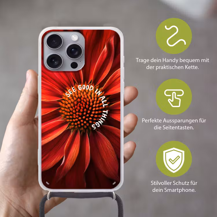 Close up - Bloem - Quote - Rood Hoesje iPhone 16 Pro Max met koord klein -sfeer2_DE