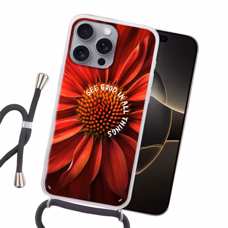 Close up - Bloem - Quote - Rood Hoesje iPhone 16 Pro Max met koord klein -sfeer1
