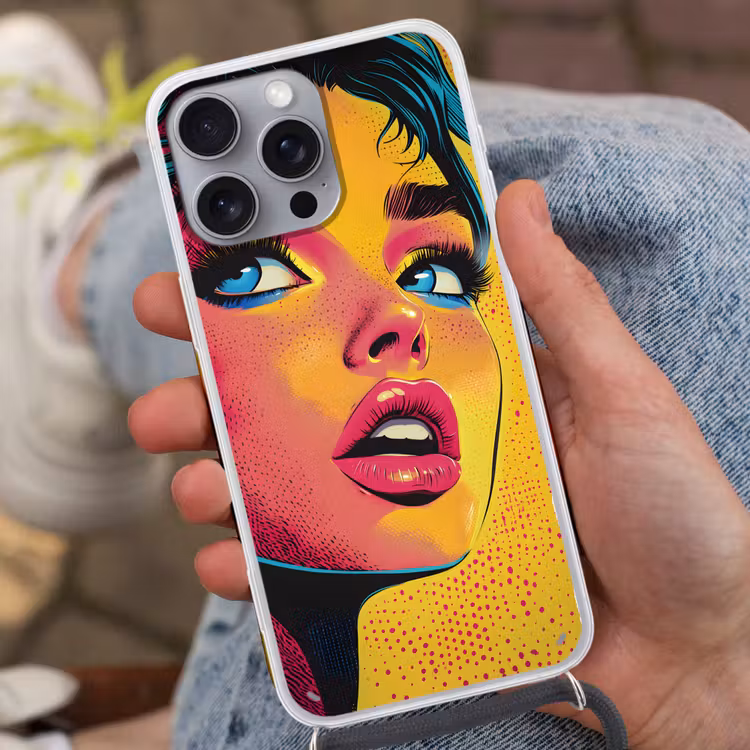 Close-up - Vrouwengezicht - Stippen - Geel Hoesje iPhone 16 Pro Max met koord klein -sfeer3