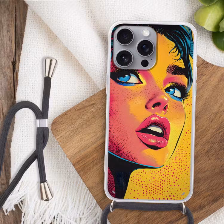 Close-up - Vrouwengezicht - Stippen - Geel Hoesje iPhone 16 Pro Max met koord klein -sfeer4