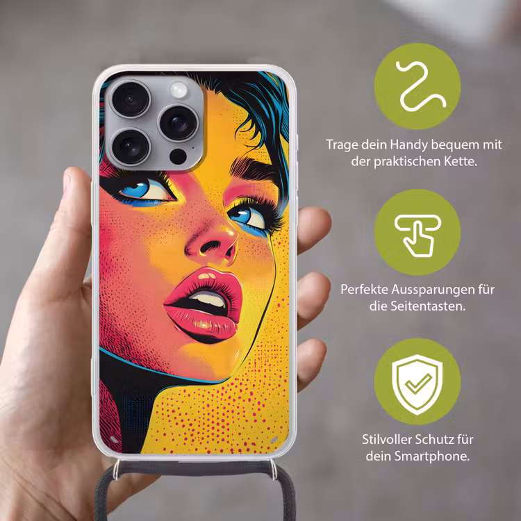 Close-up - Vrouwengezicht - Stippen - Geel Hoesje iPhone 16 Pro Max met koord klein -sfeer2_DE