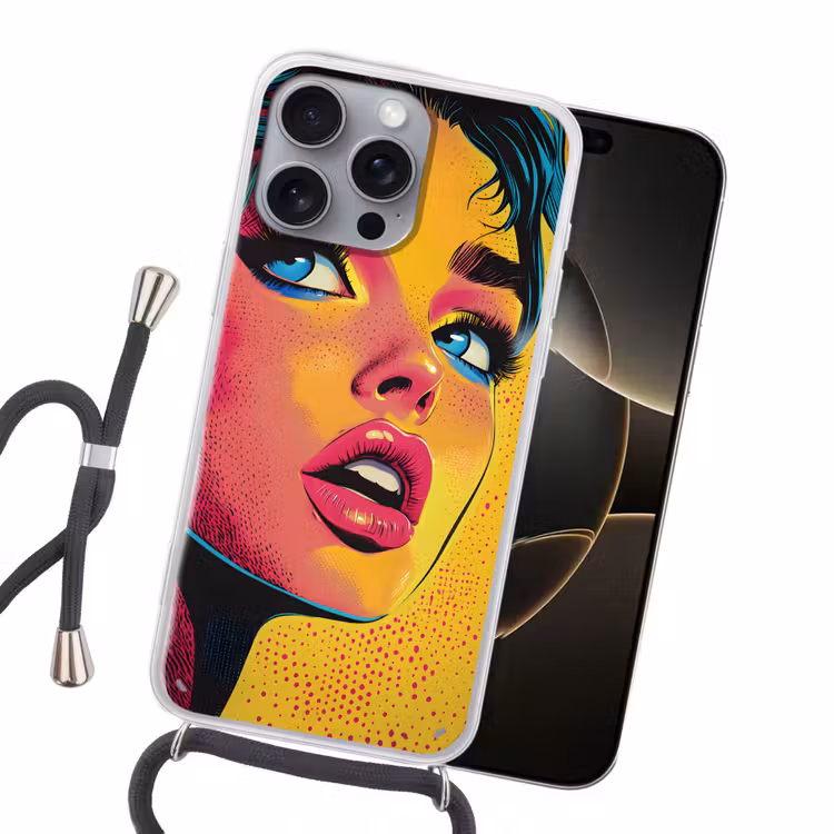 Close-up - Vrouwengezicht - Stippen - Geel Hoesje iPhone 16 Pro Max met koord klein -sfeer1