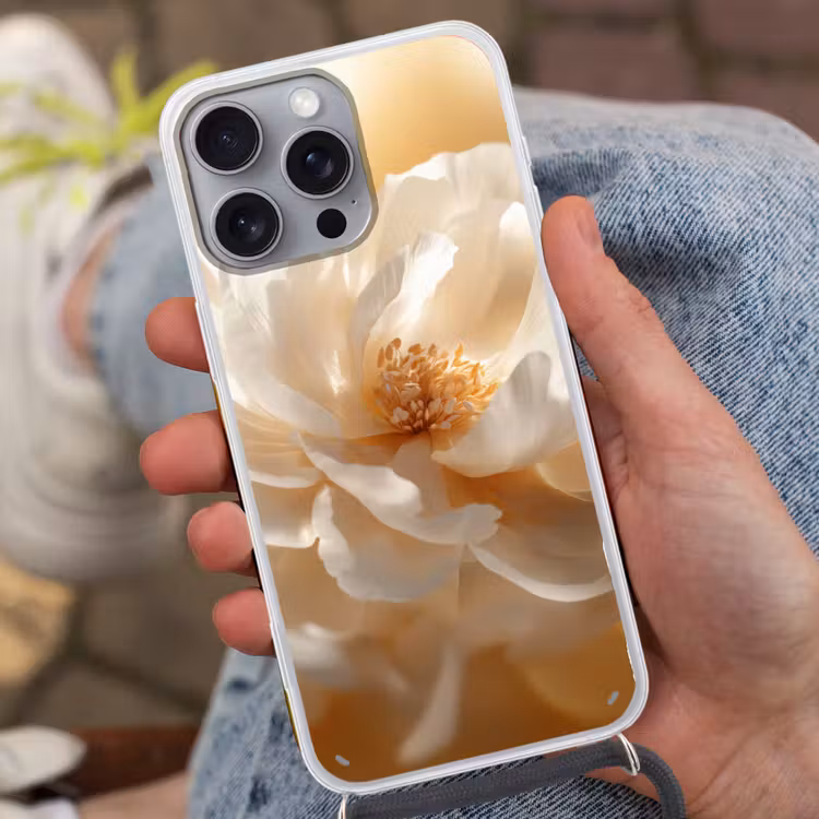 Close up - Pioenroos - Wit Hoesje iPhone 16 Pro Max met koord klein -sfeer3