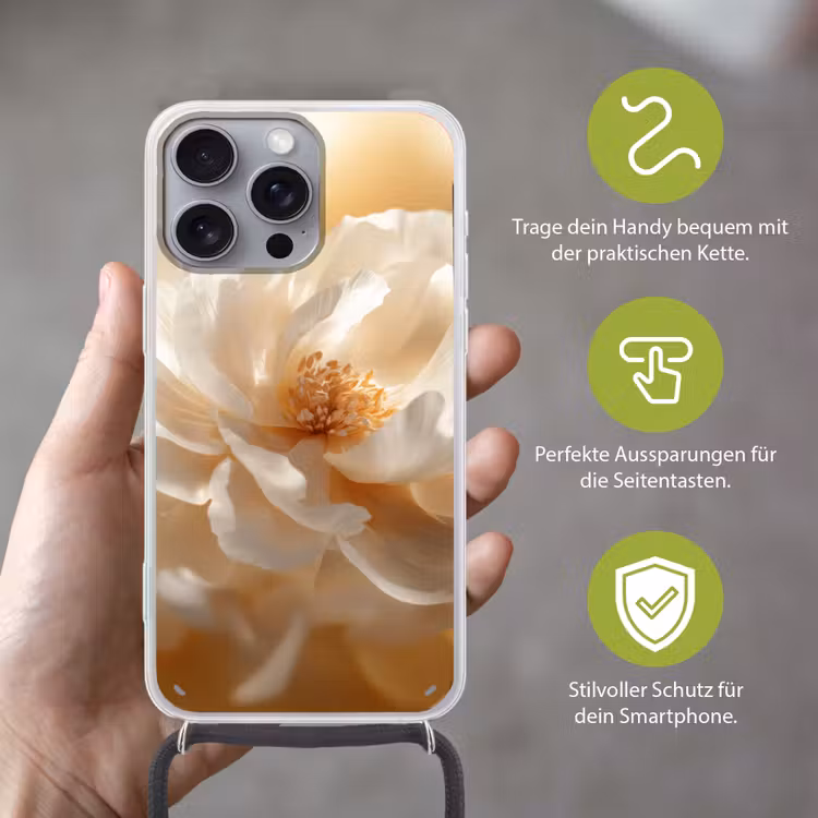 Close up - Pioenroos - Wit Hoesje iPhone 16 Pro Max met koord klein -sfeer2_DE