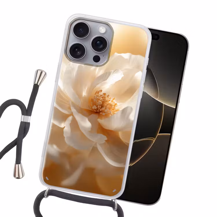 Close up - Pioenroos - Wit Hoesje iPhone 16 Pro Max met koord klein -sfeer1