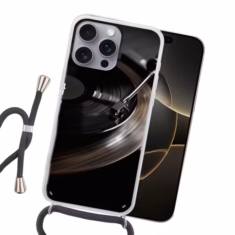 Close-up - Vinylplaat - Platenspeler - Zwart Hoesje iPhone 16 Pro Max met koord klein -sfeer1