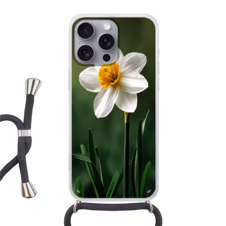 Narcis - Bloem - Wit - Grassprieten Hoesje iPhone 16 Pro Max met koord klein -3d