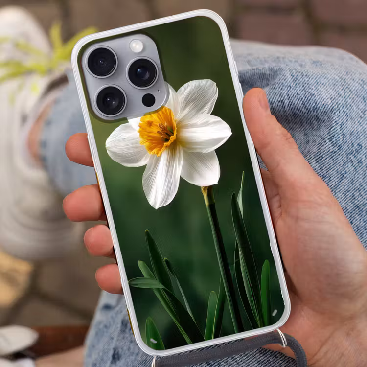 Narcis - Bloem - Wit - Grassprieten Hoesje iPhone 16 Pro Max met koord klein -sfeer3