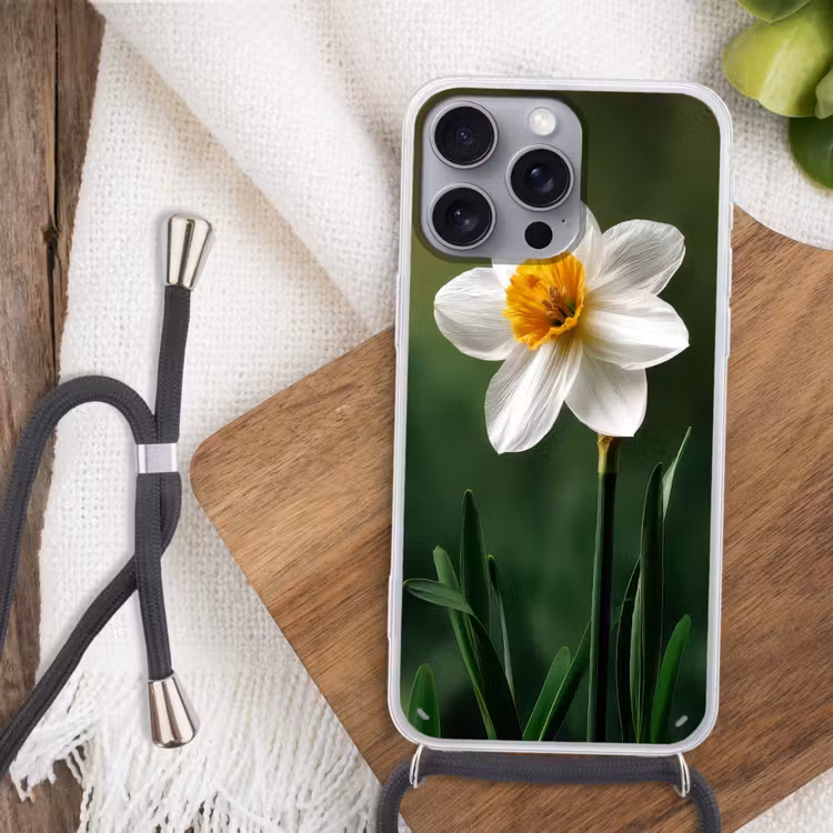Narcis - Bloem - Wit - Grassprieten Hoesje iPhone 16 Pro Max met koord klein -sfeer4