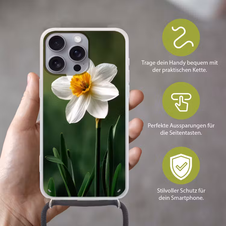 Narcis - Bloem - Wit - Grassprieten Hoesje iPhone 16 Pro Max met koord klein -sfeer2_DE