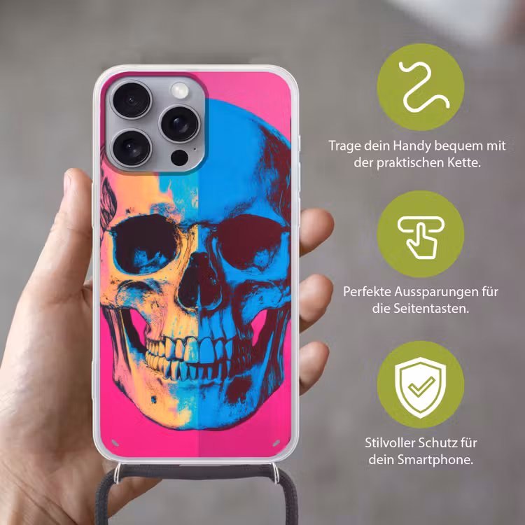 Neon - Blauw - Pop-art - Schedel Hoesje iPhone 16 Pro Max met koord klein -sfeer2_DE