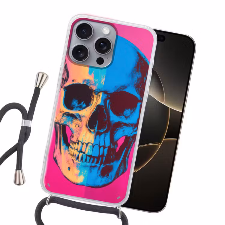 Neon - Blauw - Pop-art - Schedel Hoesje iPhone 16 Pro Max met koord klein -sfeer1