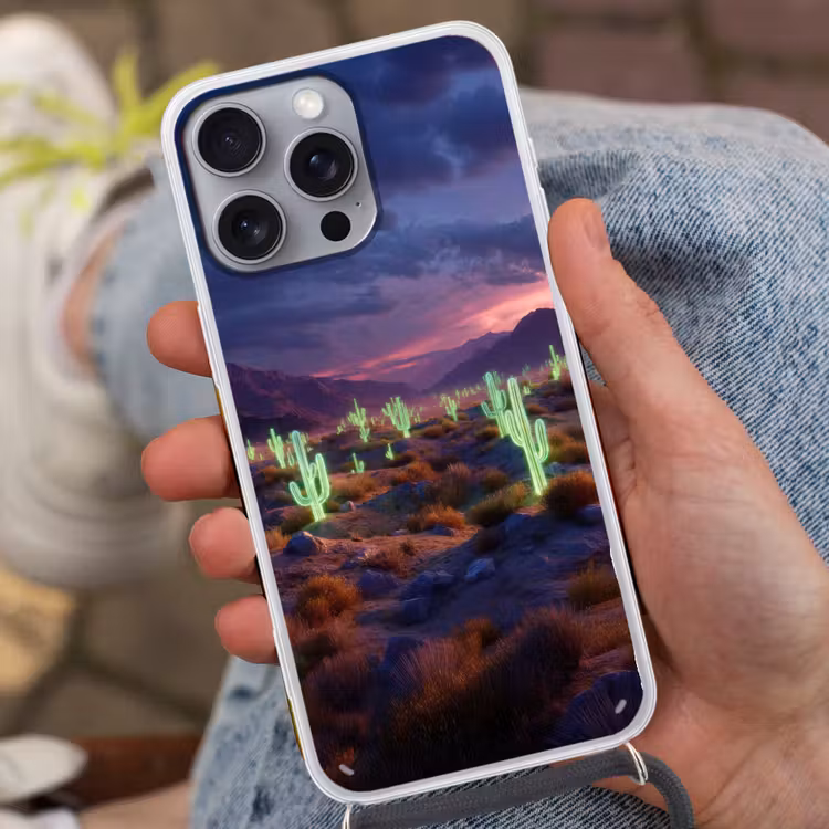 Neon cactussen - Woestijn - Zonsondergang Hoesje iPhone 16 Pro Max met koord klein -sfeer3