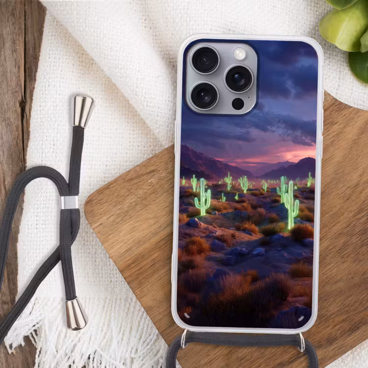 Neon cactussen - Woestijn - Zonsondergang Hoesje iPhone 16 Pro Max met koord klein -sfeer4