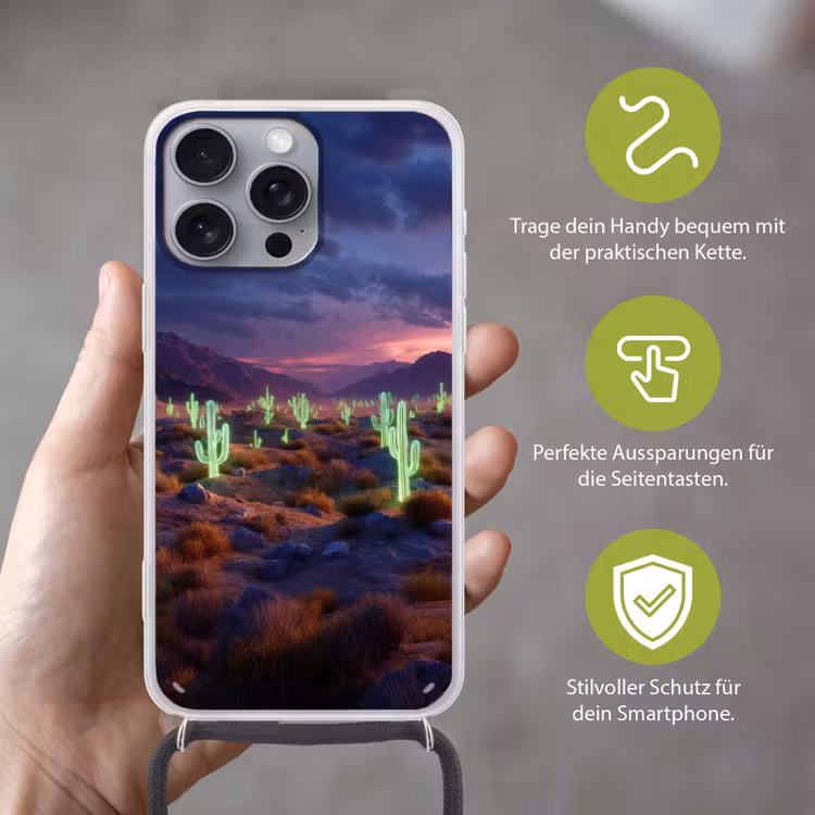 Neon cactussen - Woestijn - Zonsondergang Hoesje iPhone 16 Pro Max met koord klein -sfeer2_DE