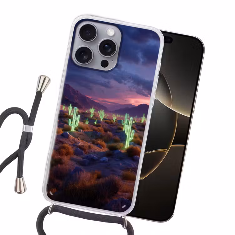 Neon cactussen - Woestijn - Zonsondergang Hoesje iPhone 16 Pro Max met koord klein -sfeer1