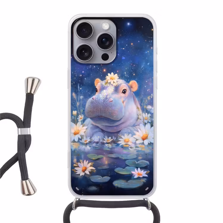 Nijlpaard - Madeliefjes - Sterrenhemel Hoesje iPhone 16 Pro Max met koord klein -3d