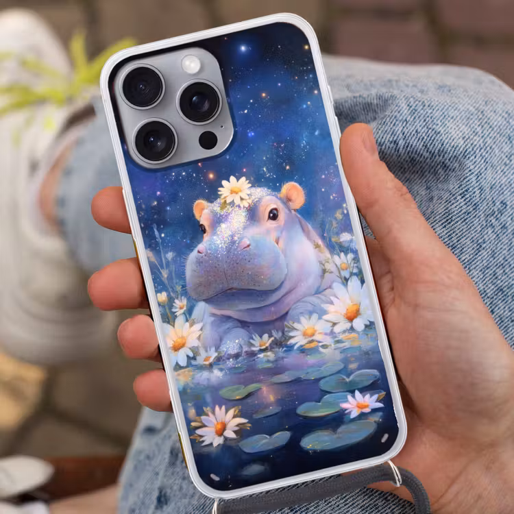 Nijlpaard - Madeliefjes - Sterrenhemel Hoesje iPhone 16 Pro Max met koord klein -sfeer3