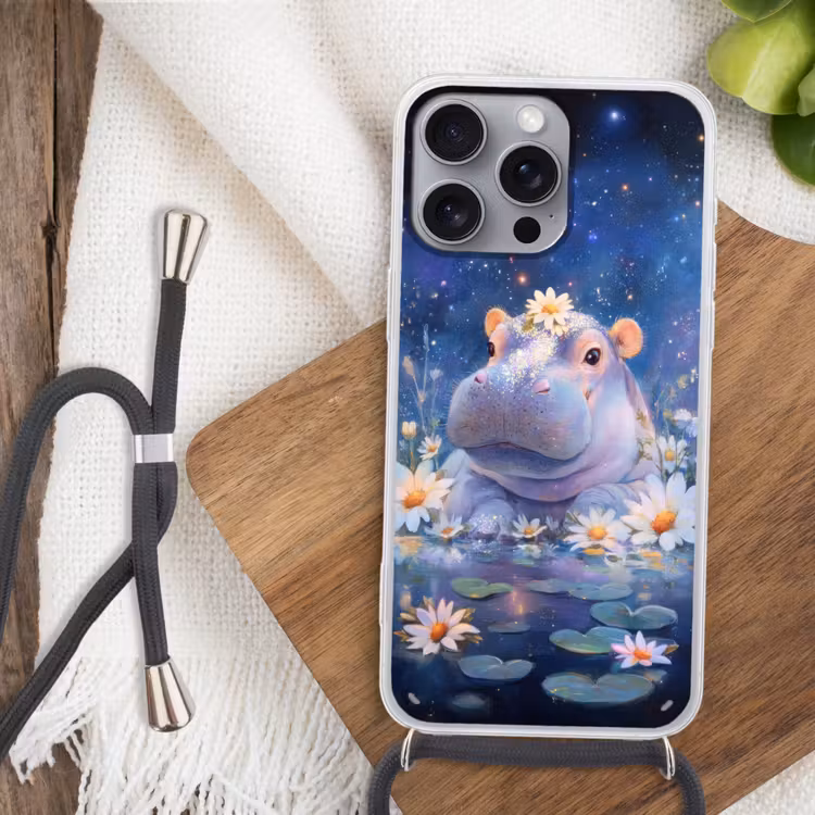 Nijlpaard - Madeliefjes - Sterrenhemel Hoesje iPhone 16 Pro Max met koord klein -sfeer4