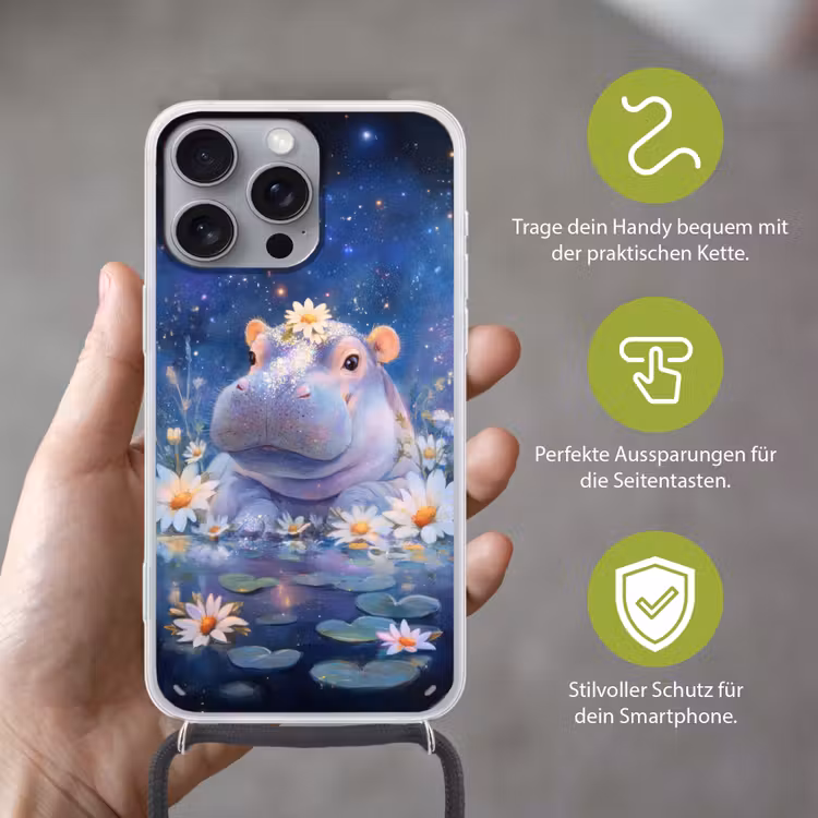 Nijlpaard - Madeliefjes - Sterrenhemel Hoesje iPhone 16 Pro Max met koord klein -sfeer2_DE