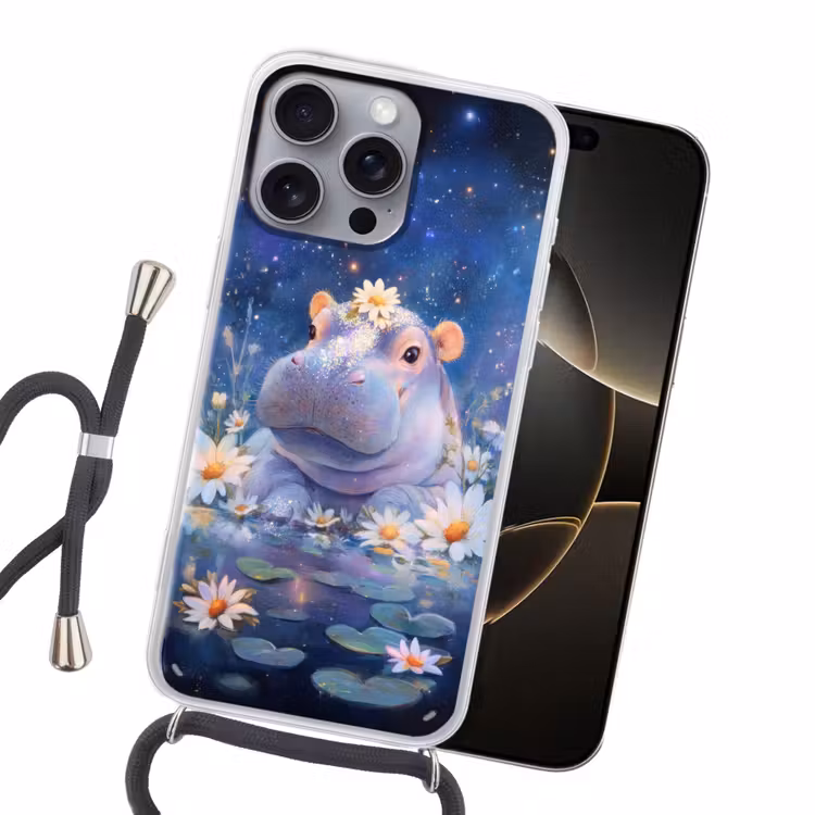 Nijlpaard - Madeliefjes - Sterrenhemel Hoesje iPhone 16 Pro Max met koord klein -sfeer1