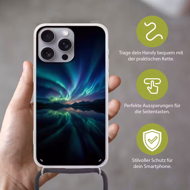 Noorderlicht - Kleurrijk - Bergmeer Hoesje iPhone 16 Pro Max met koord klein -sfeer2_DE