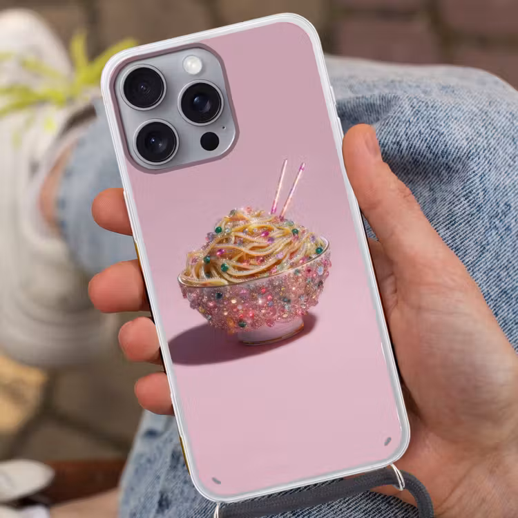 Noodles - Edelstenen - Stokjes - Roze Hoesje iPhone 16 Pro Max met koord klein -sfeer3