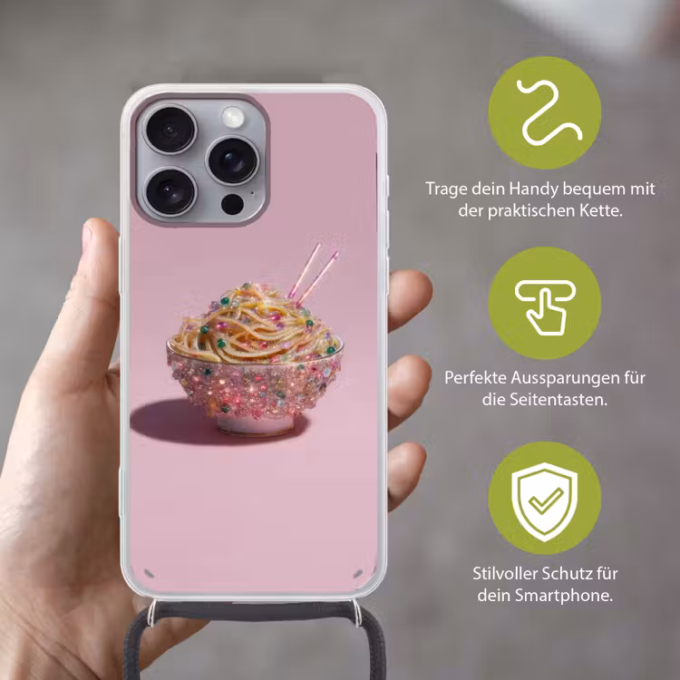 Noodles - Edelstenen - Stokjes - Roze Hoesje iPhone 16 Pro Max met koord klein -sfeer2_DE