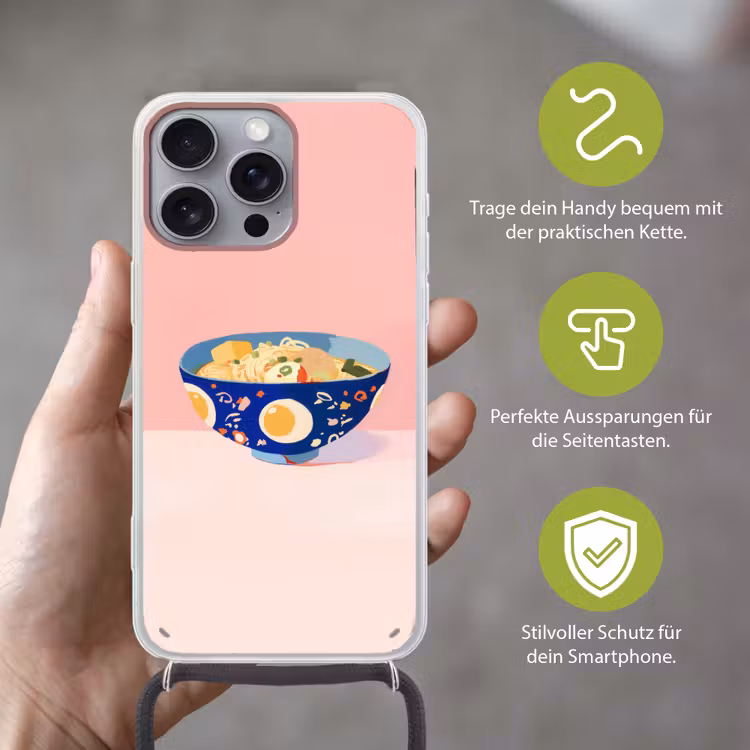 Noodles - Kom - Blauw - Illustratie Hoesje iPhone 16 Pro Max met koord klein -sfeer2_DE