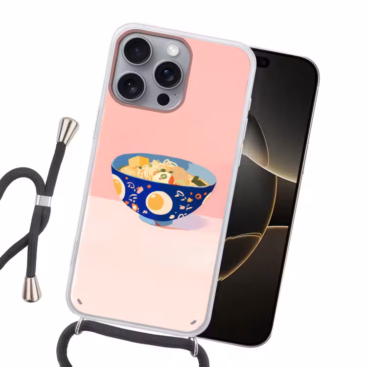 Noodles - Kom - Blauw - Illustratie Hoesje iPhone 16 Pro Max met koord klein -sfeer1