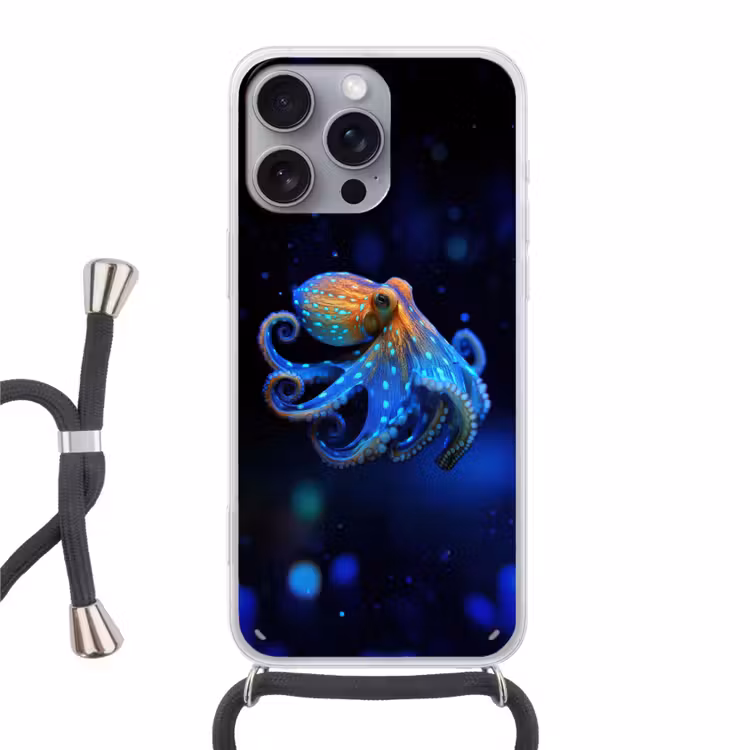 Octopus - Stippen - Blauw - Zee Hoesje iPhone 16 Pro Max met koord klein -3d