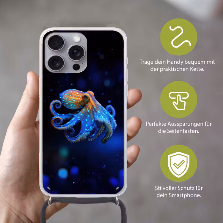 Octopus - Stippen - Blauw - Zee Hoesje iPhone 16 Pro Max met koord klein -sfeer2_DE