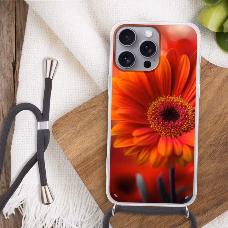 Oranje - Gerbera - Intens Hoesje iPhone 16 Pro Max met koord klein -sfeer4