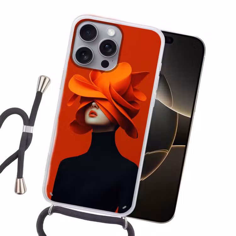 Oranje - Hoed - Vrouw Hoesje iPhone 16 Pro Max met koord klein -sfeer1