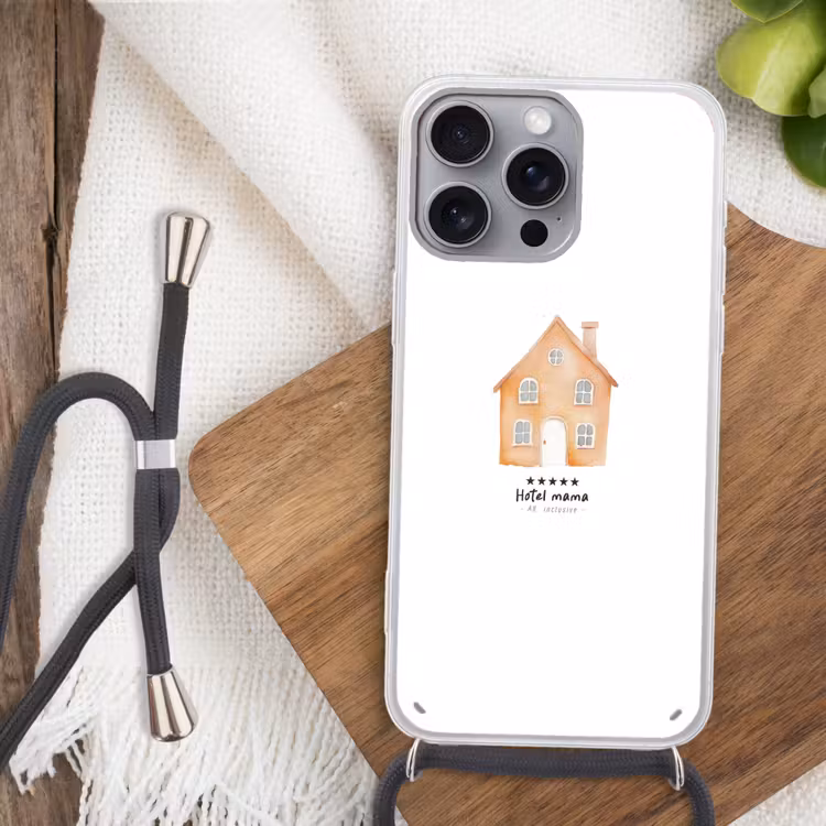 Oranje - Huisje - Quote - Hotel Hoesje iPhone 16 Pro Max met koord klein -sfeer4