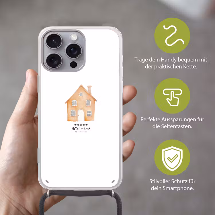 Oranje - Huisje - Quote - Hotel Hoesje iPhone 16 Pro Max met koord klein -sfeer2_DE