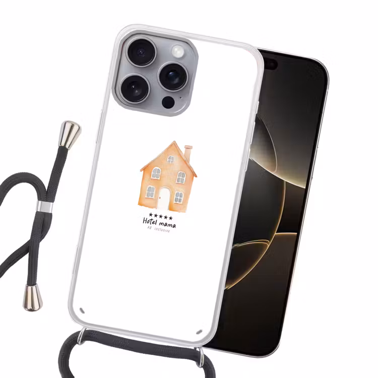 Oranje - Huisje - Quote - Hotel Hoesje iPhone 16 Pro Max met koord klein -sfeer1