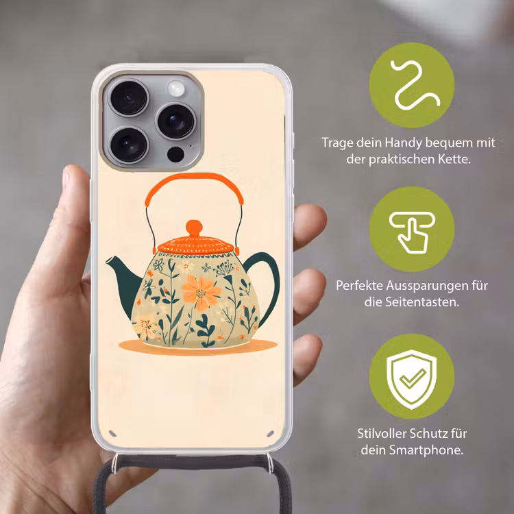 Oranje - Theepot - Bloemen - Bladeren Hoesje iPhone 16 Pro Max met koord klein -sfeer2_DE