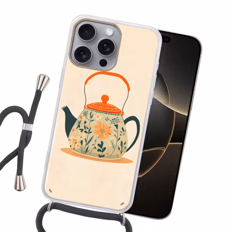 Oranje - Theepot - Bloemen - Bladeren Hoesje iPhone 16 Pro Max met koord klein -sfeer1