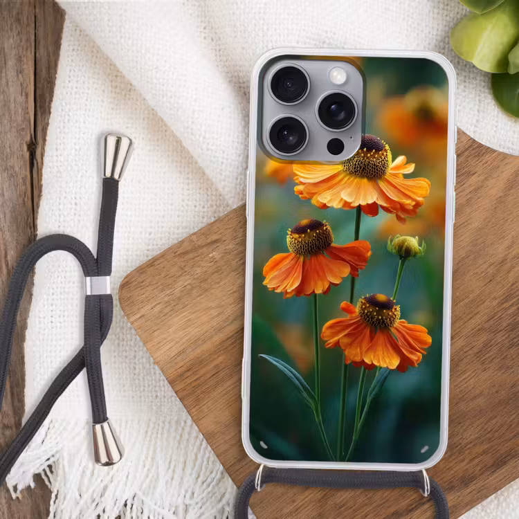 Oranje bloemen - Levendig - Wazige achtergrond Hoesje iPhone 16 Pro Max met koord klein -sfeer4