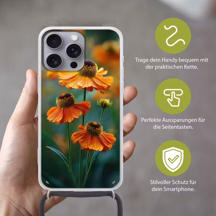 Oranje bloemen - Levendig - Wazige achtergrond Hoesje iPhone 16 Pro Max met koord klein -sfeer2_DE