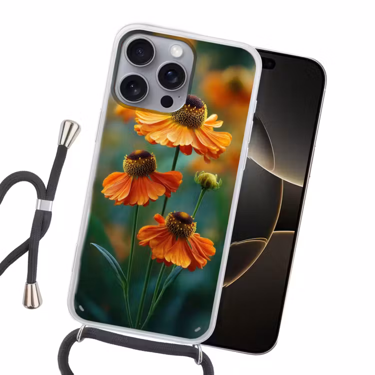 Oranje bloemen - Levendig - Wazige achtergrond Hoesje iPhone 16 Pro Max met koord klein -sfeer1