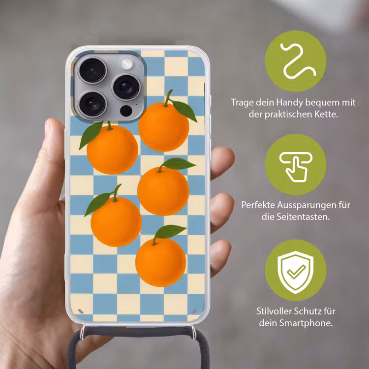 Sinaasappels - Blaadjes - Geblokt - Blauw Hoesje iPhone 16 Pro Max met koord klein -sfeer2_DE