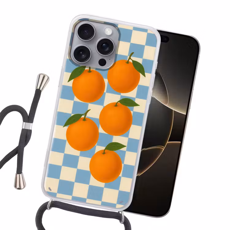 Sinaasappels - Blaadjes - Geblokt - Blauw Hoesje iPhone 16 Pro Max met koord klein -sfeer1