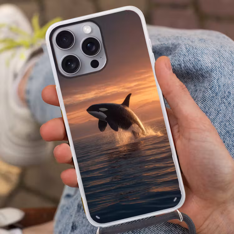Orka - Zee - Zonsondergang Hoesje iPhone 16 Pro Max met koord klein -sfeer3