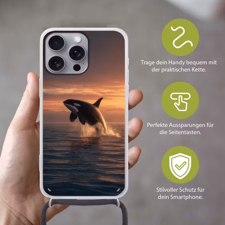Orka - Zee - Zonsondergang Hoesje iPhone 16 Pro Max met koord klein -sfeer2_DE